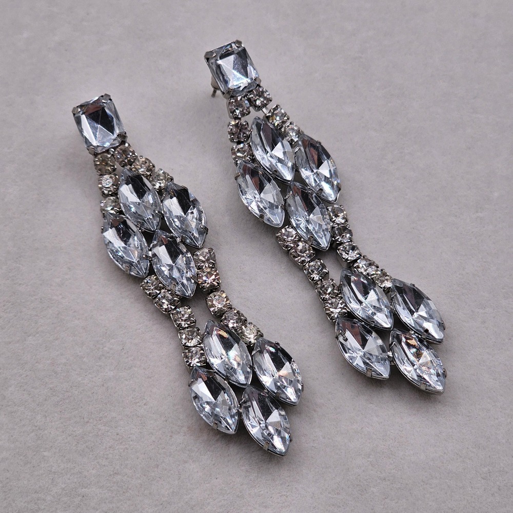Rhinestone Dangle Drop Earrings Silver Tone Marquise Statement 3" Formal Bridal